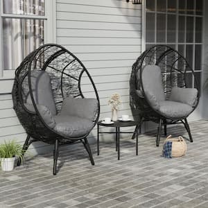 3-Pieces Black Wicker Outdoor Patio Egg Lounge Chair with Side Table and Gray Cushions