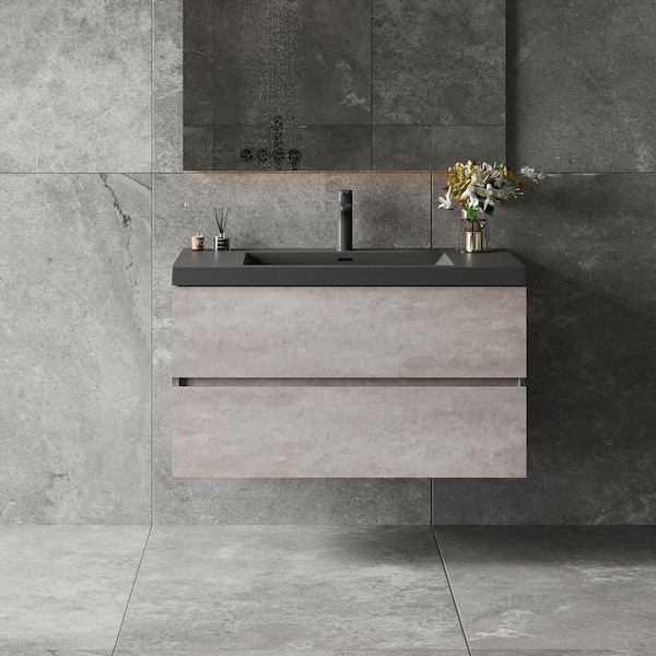 Lodi 42 in. W x 20 in. D x 16 in. H Single Floating Bathroom Vanity with Black Quartz Sand Top in Grey Assembled