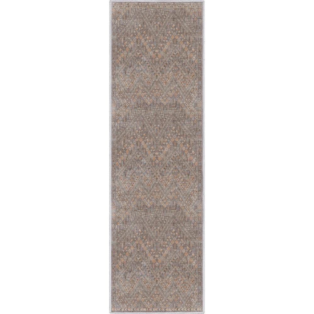 Gray Geometric Machine Woven Runner Rug with Tribal Pattern