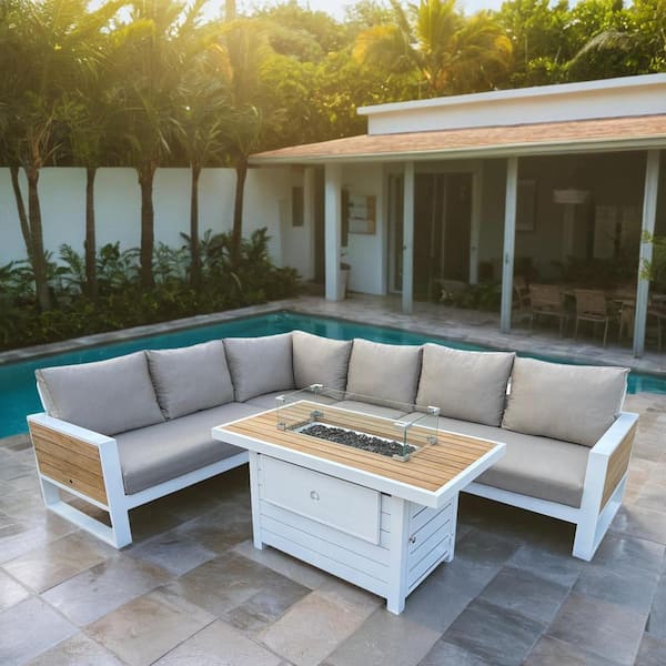 HiGreen Outdoor Denver 5-Piece Aluminum Outdoor Patio Fire Pit Deep Sectional Seating Set with Cast Ash Cushions