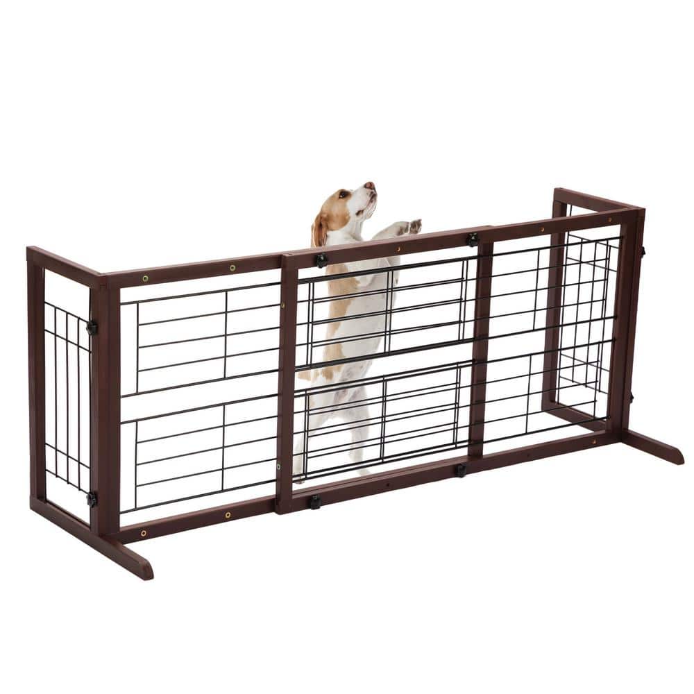 Expandable Brown Solid Wood Freestanding Pet Gate with Wire Mesh