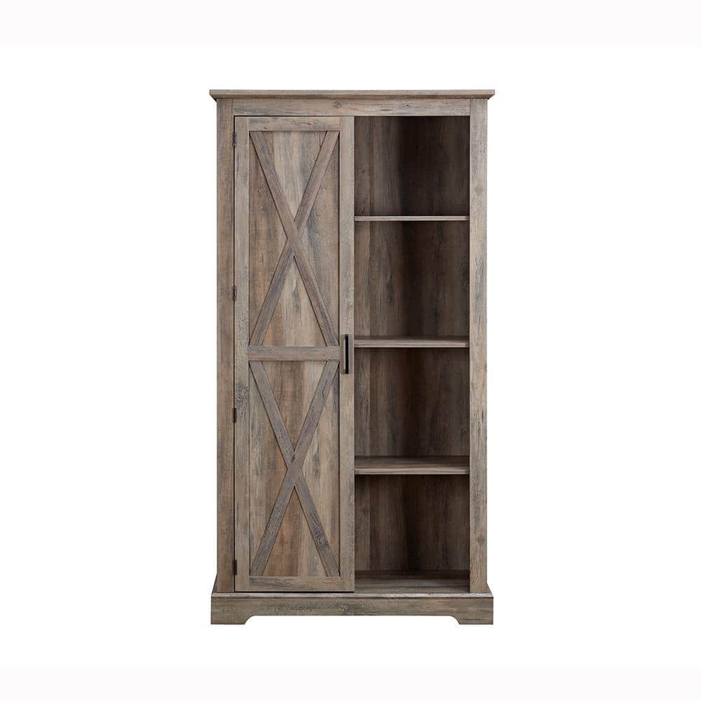 Gray wood storage cabinet with a central X-brace panel.