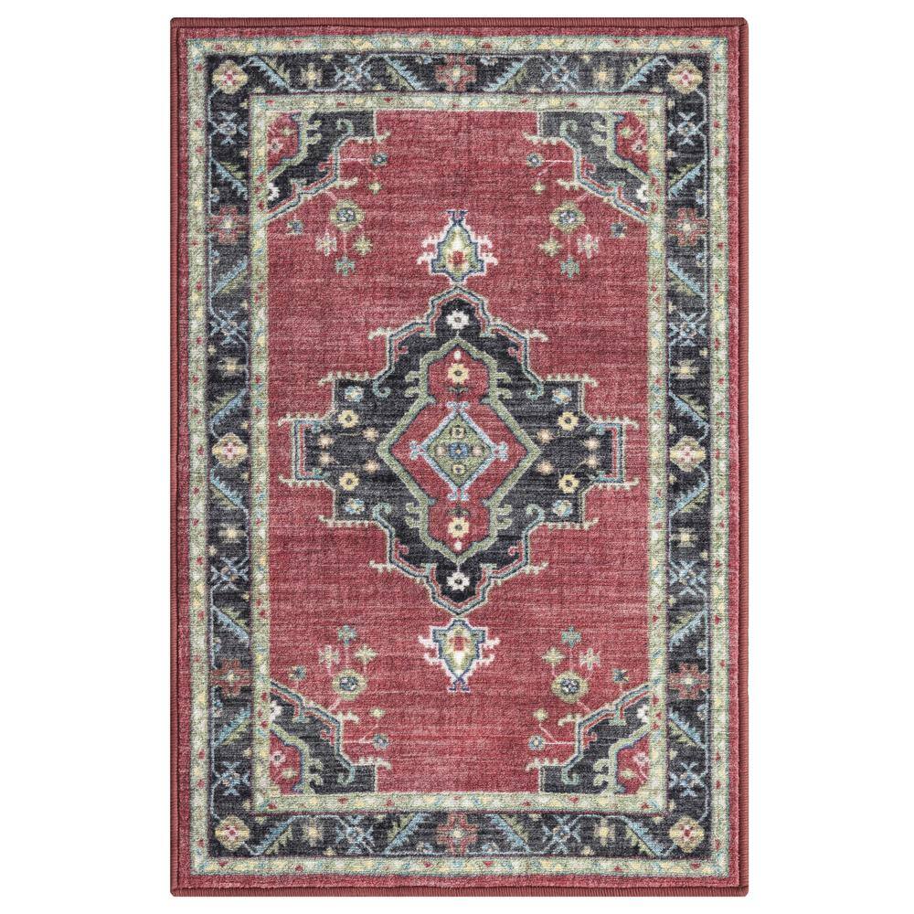 Red Medallion Polyester Rectangular Washable Area Rug 2' x 3'