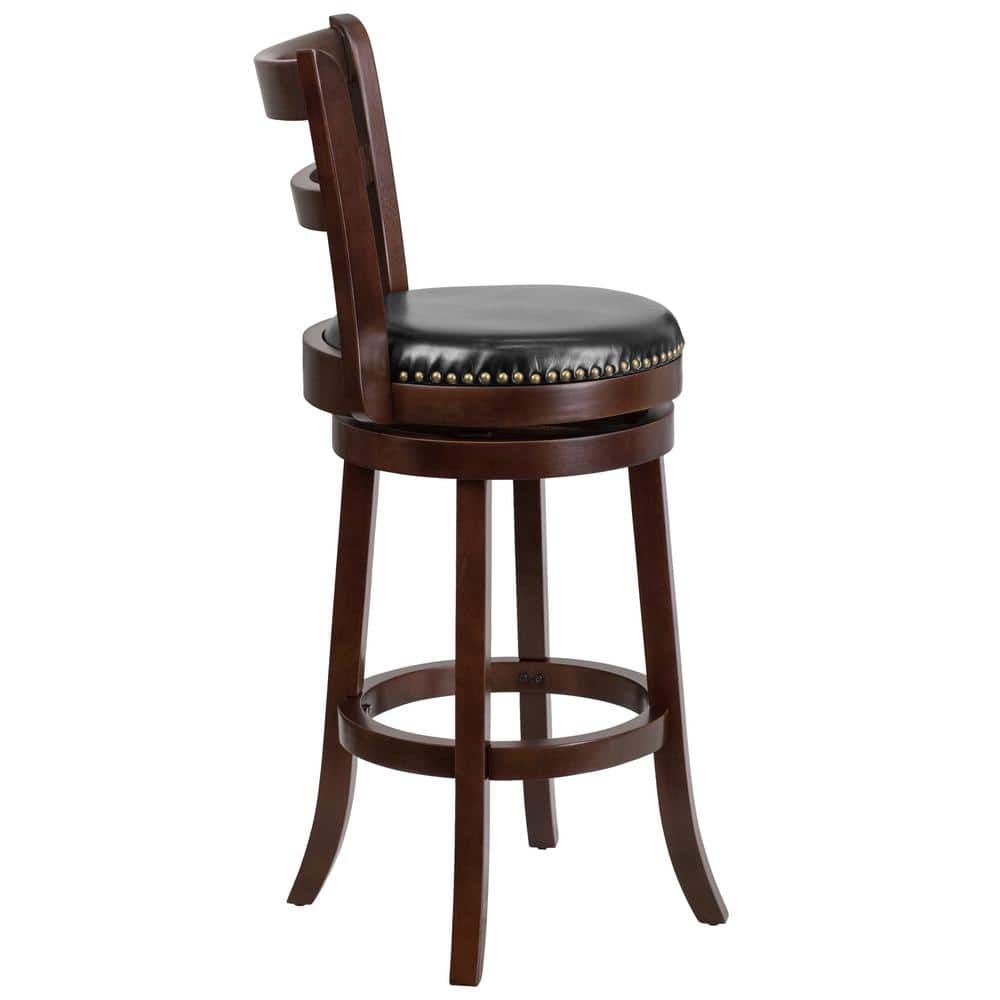 Elegant Cappuccino Wood Barstool with Black Leather Swivel Seat