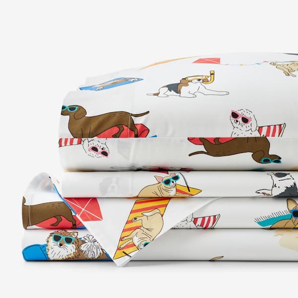 The Company Store Company Cotton Sandcastle Dog White Multi Cotton Percale Full Sheet Set 51240L F WHI MULTI