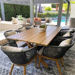 Teak-Finish 9-Piece Wicker Square Aluminum Frame Outdoor Dining Set and Pillows with Beige Cushions