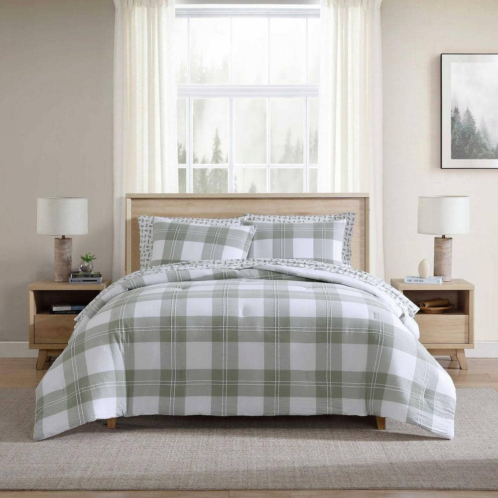 Eddie Bauer Mountain Embroidery Plaid 3-Piece Soft Olive Green Cotton Full/Queen Comforter Set