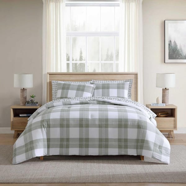 Mountain Embroidery Plaid 3-Piece Soft Olive Green Cotton Full/Queen Comforter Set