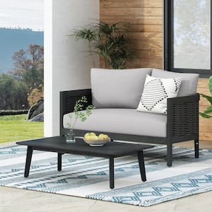 Rattler 2-Piece Wood and Wicker Patio Conversation Set with Light Grey Cushions