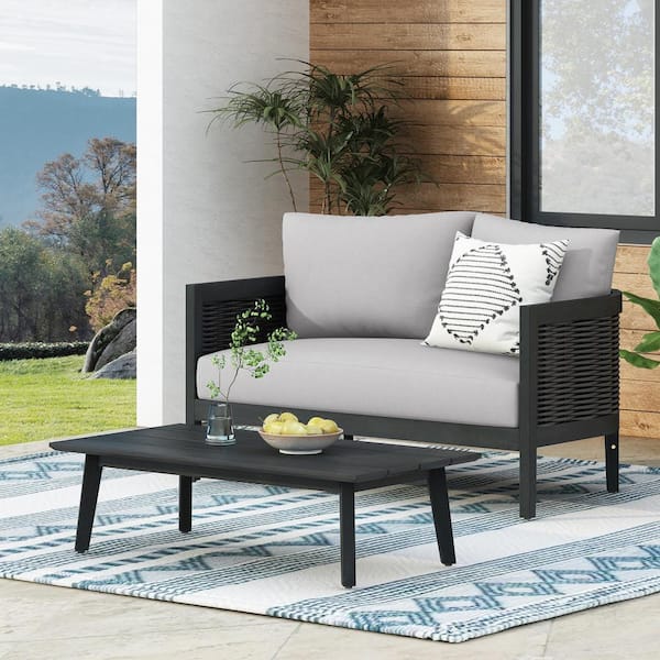 CHRISTOPHER KNIGHT HOME Rattler 2-Piece Wood and Wicker Patio Conversation Set with Light Grey Cushions