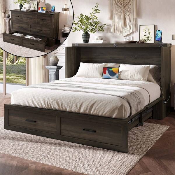 Nestfair Rustic Gray Wood Frame Queen Size Foldable Murphy Bed with 1 ...