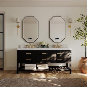 Elizabeth 72 in. W x 22 in. D Bath Vanity in Black Onyx w/ Marble Vanity Top in White w/ White Basin and Gold Hardware