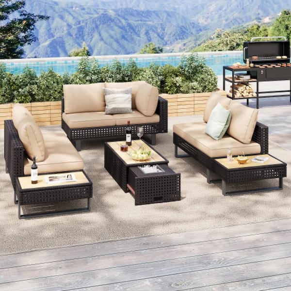 Cesicia Brown 4-Piece Wicker 6-Person Outdoor Sectional Set Patio Conversation Set with Side Table and Khaki Deep Cushions