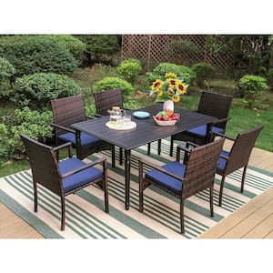 Black 7-Piece Metal Patio Outdoor Dining Set with Rectangle Slat Table and Rattan Chair with Blue Cushion