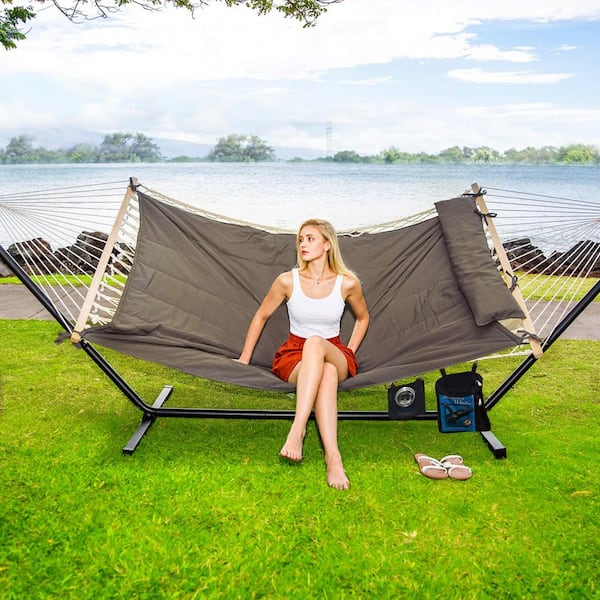 10 ft. x 12 ft. Quilted Rope Hammock and 12 ft. Steel Stand with Detachable Pillow, Dark Gray