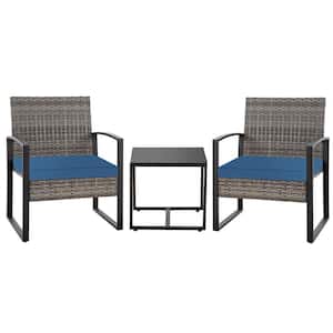 Gray 3-Piece PE Rattan Wicker Outdoor Patio Conversation Set with Blue Cushions
