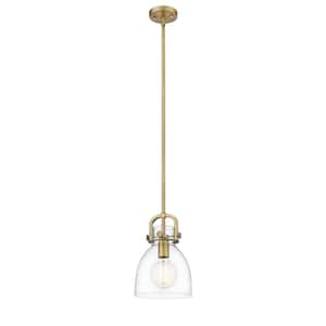 Newton Bell 100-Watt 1 Light Brushed Brass Shaded Pendant Light with Clear glass Clear Glass Shade