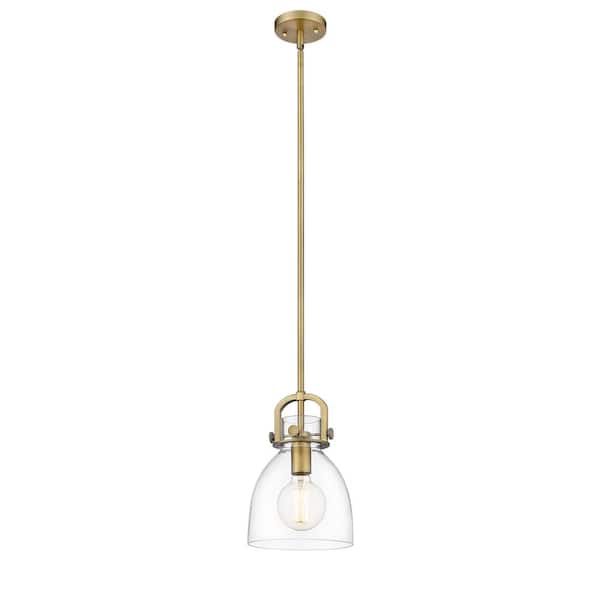 Newton Bell 100-Watt 1 Light Brushed Brass Shaded Pendant Light with Clear glass Clear Glass Shade
