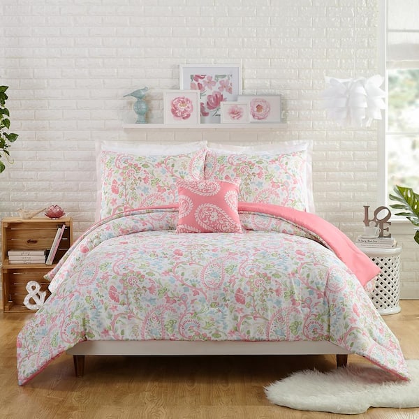 Blush Floral 4 Pieces Comforter Set, Full/Queen colchas - AliExpress