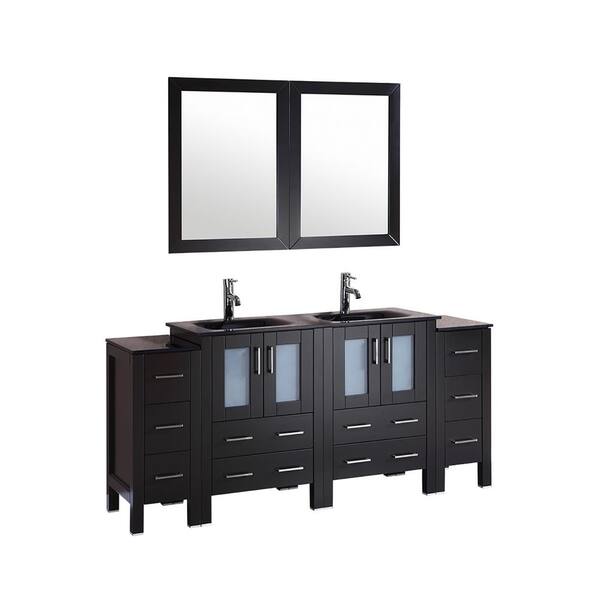 Bosconi 72 in. W Double Bath Vanity in Espresso with  Glass Vanity Top with Black Basin and Mirror
