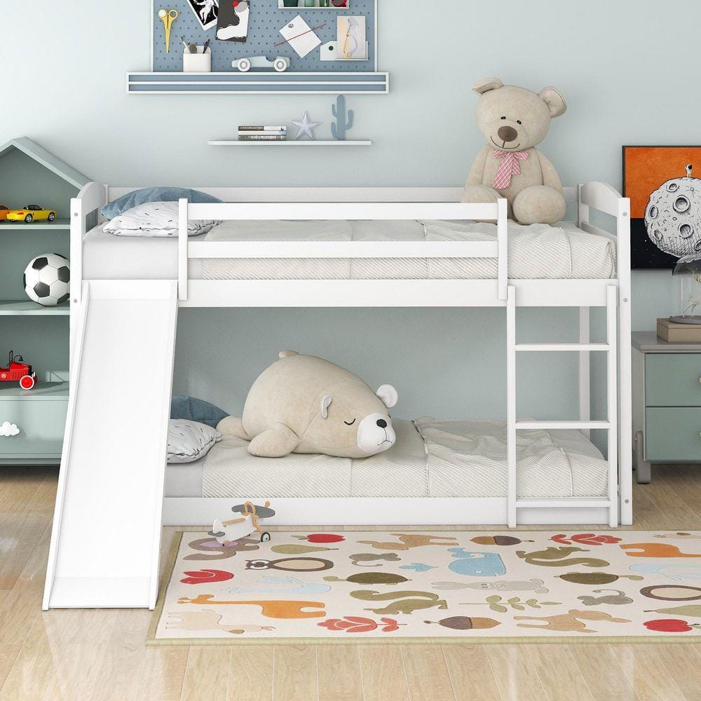 Qualler White Twin over Twin Bunk Bed with Convertible Slide and Ladder ...