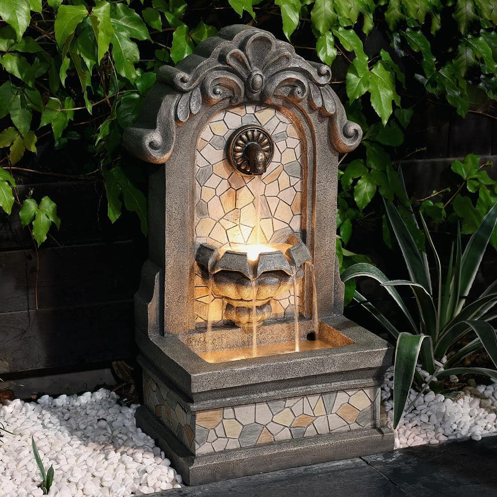 LuxenHome 27" Gray Resin Mosaic Tile Outdoor Water Fountain with Lights