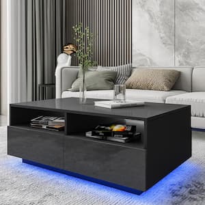 37.4 in. Black Rectangle MDF LED Coffee Table with 4 Storage Drawers with 2 Open Shelves