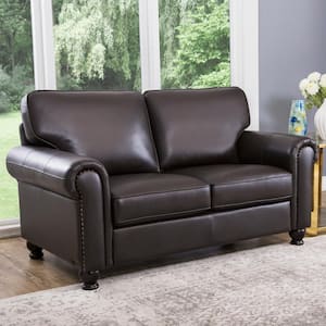 Boyle 68 in. Rolled Arm Leather Rectangle Loveseat Sofa in. Brown