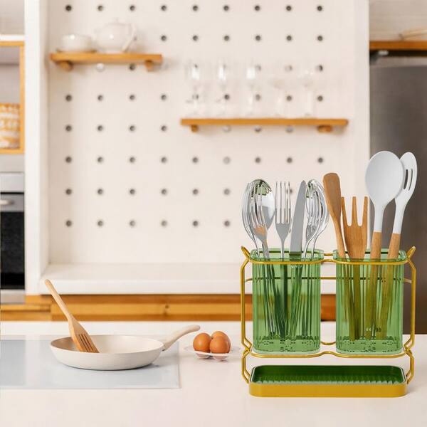 Green ABS Kitchen Utensil Holder Wall Mount with Drain Tray Multi-Function Organizer for Silverware and Spatula