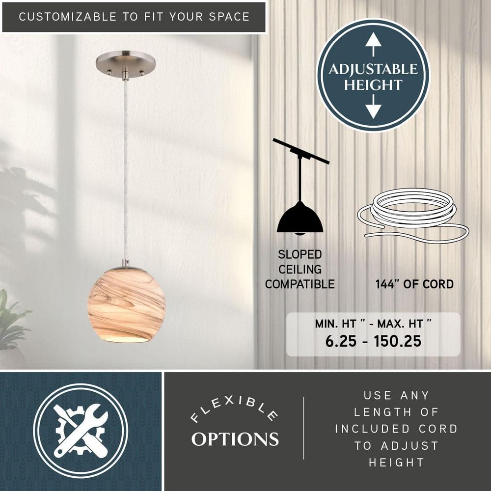 Milano Satin Nickel Mini Globe Pendant Light with Hand-Blown Glass