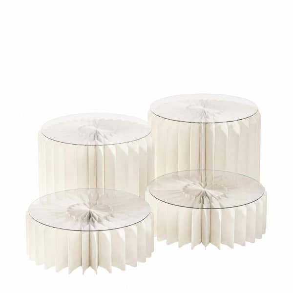 4-Pack White Cardboard Foldable Cylinder Cake and Dessert Display Risers with PVC Top Panel