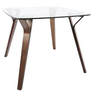 Folia Mid-Century Modern Walnut Square Dining Table with Clear Glass Top