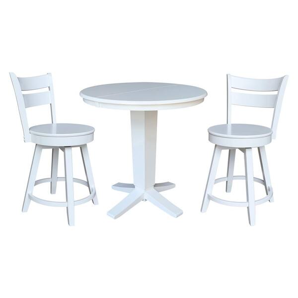 International Concepts Aria 3-Piece White 36 x 48 in. Oval Solid Wood Counter-Height Pedestal Dining Table with 2 Sara Swivel Stools, Seats 2