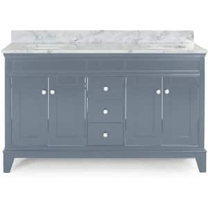 61 in. W. x 22 in. D x 40 in. H Double Sink Freestanding Bath Vanity in Gray with White Marble Top and Storage Cabinet