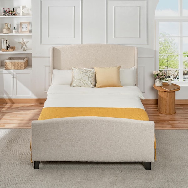 Diane White Metal Frame Queen Size Platform Bed with Velvet Upholstered Headboard, High Footboard, Solid Wood Legs