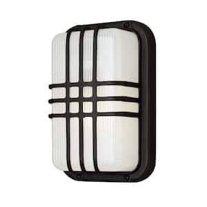 Walker 10 in. 1-Light Black Rectangular Bulkhead Outdoor Wall Light Fixture with Ribbed Acrylic