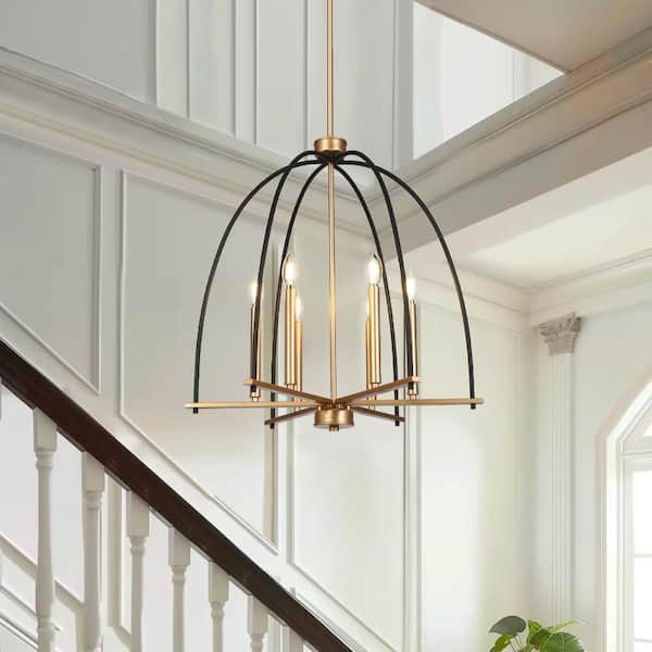 Modern Farmhouse 23.6 in. W 6-Lights Black and Gold Caged Chandelier, Bell Pendant Lighting Kitchen Island, Dining Room