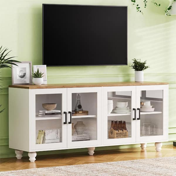 62.9 in. White Farmhouse TV Stand Fits TVs up to 70 in. with Tempered Glass Doors and Adjustable Shelves