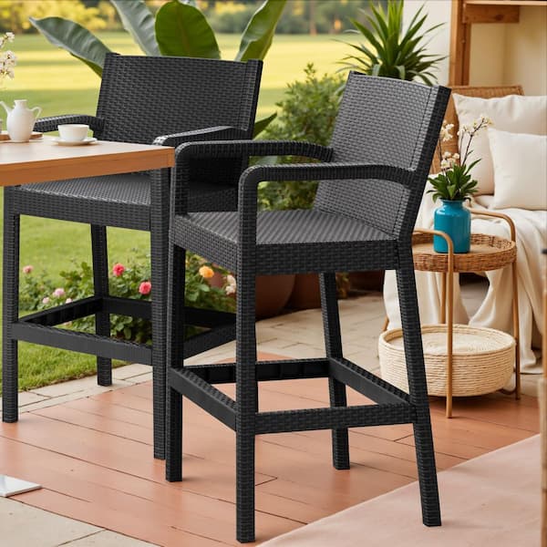 Tozey Rattan-Like Plastic Outdoor Patio Bar Stools (2-Pack) Black