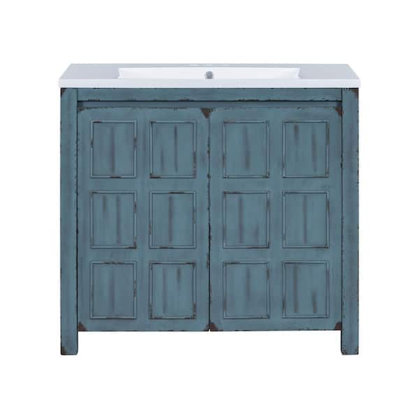 Unbranded 36 in. W x 18 in. D x 34 in. H Single Sink Freestanding Bath Vanity in Retro Blue with White Resin Top