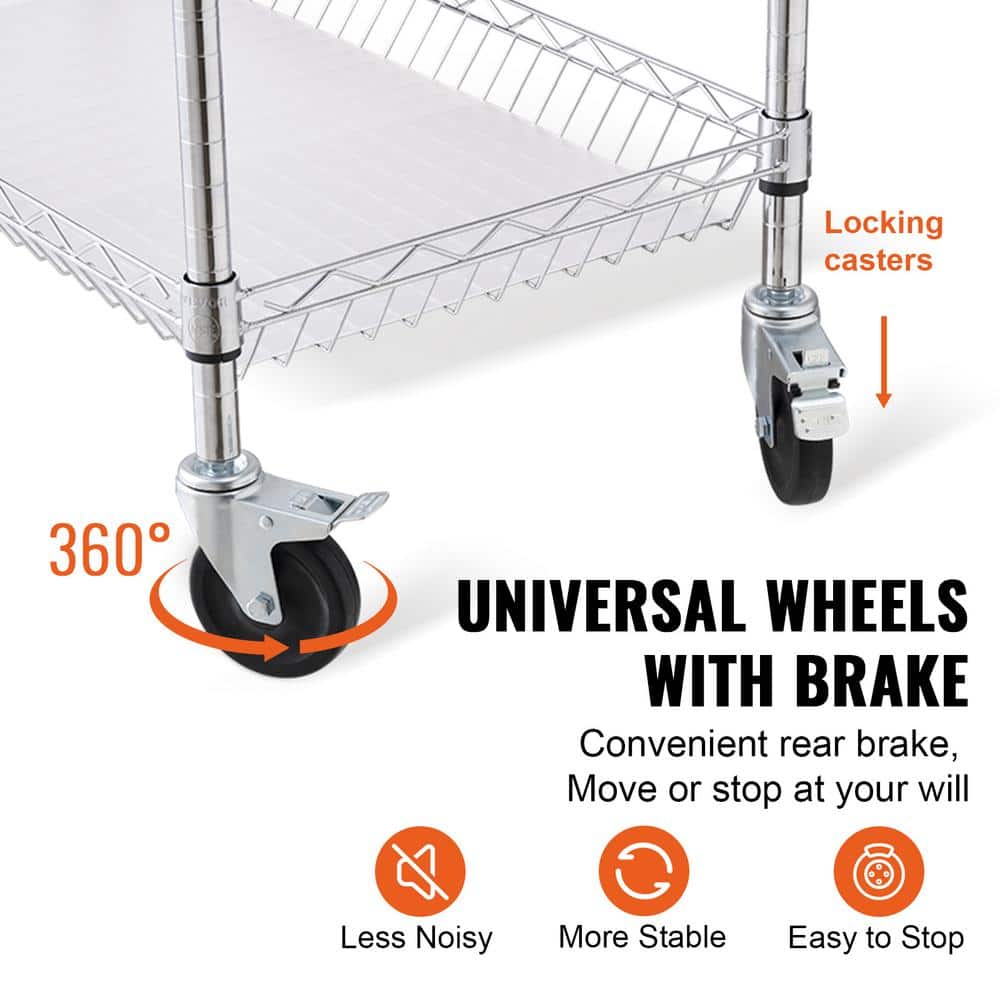 VEVOR 3-Tier Stainless Steel Utility Cart with Wheels and Hooks