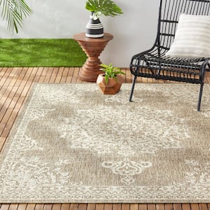 Patio Country Azalea Taupe/Ivory 6 ft. x 9 ft. Medallion Indoor/Outdoor Area Rug