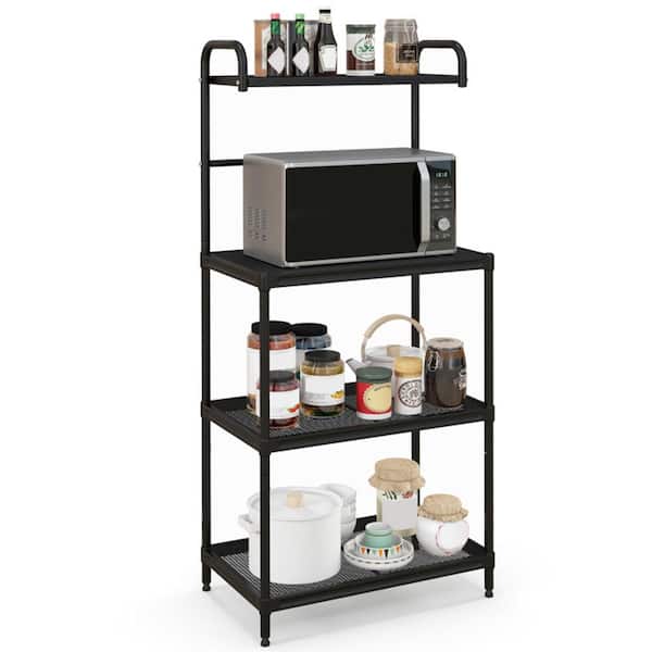 4-Tier Black Kitchen Microwave Storage Rack with Metal Shelves