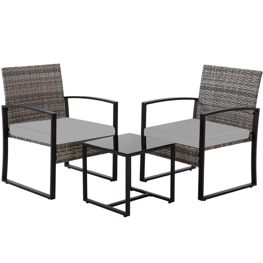 Gray 3-Piece Wicker Outdoor Bistro Set with Gray Cushions, Outdoor Patio Fu