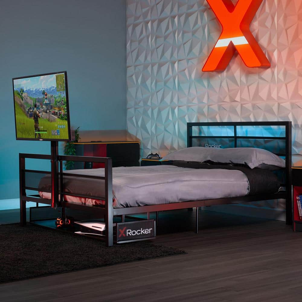 X Rocker Basecamp Black Full Bed Frame with TV Mount 2112401 The Home Depot