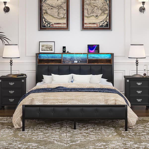 Bed with Storage Black Metal Frame Queen Platform Bed with LED Lights USB Ports and Power Outlets-Upholstered Bed