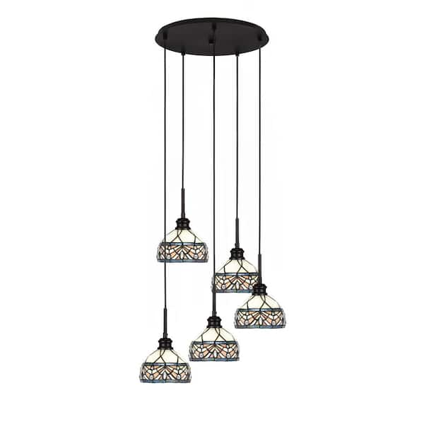Unbranded Albany 60-Watt 19.75 in. 5-Light Espresso Cord Pendant Light Royal Merlot Art Glass Shade No Bulbs included