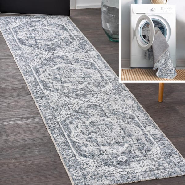Cream/Blue 2 ft. x 8 ft. Keesha Bold Distressed Medallion Low-Pile Machine-Washable Runner Rug