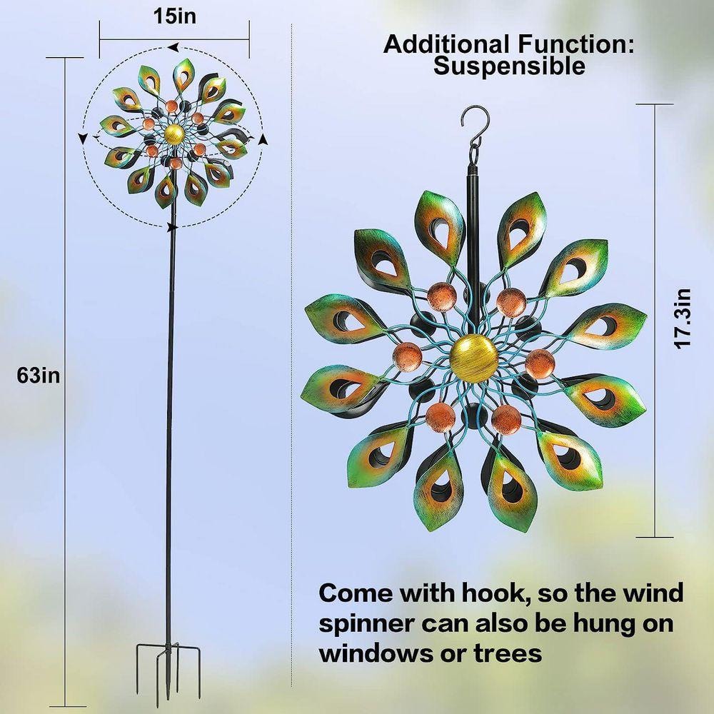 63 in. Metal Kinetic Wind Spinners with Stake, 360 Swivel Peacock Outdoor Wind Sculpture - Thumbnail 4