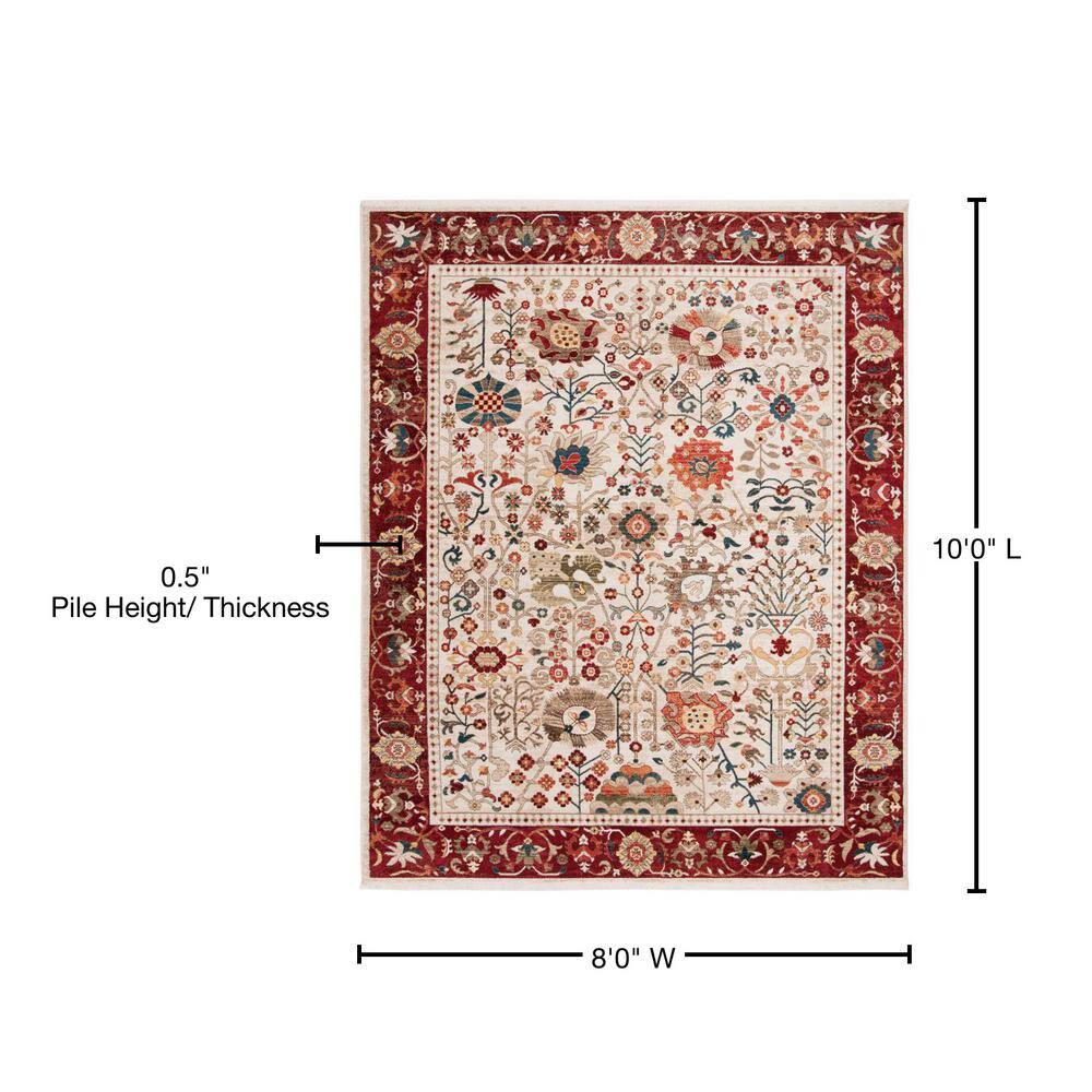 Ivory and Red Synthetic Rectangular 8' x 10' Area Rug